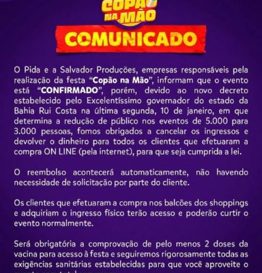 Ingressos do evento Copão na Mão são cancelados. Ingressos do evento Copão na Mão são cancelados.