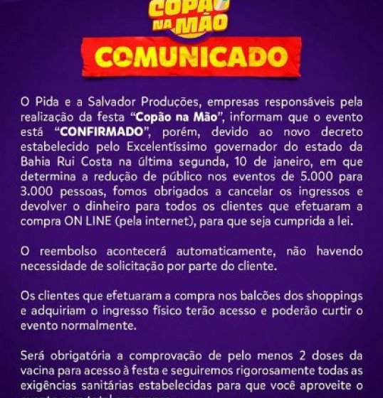 Ingressos do evento Copão na Mão são cancelados.