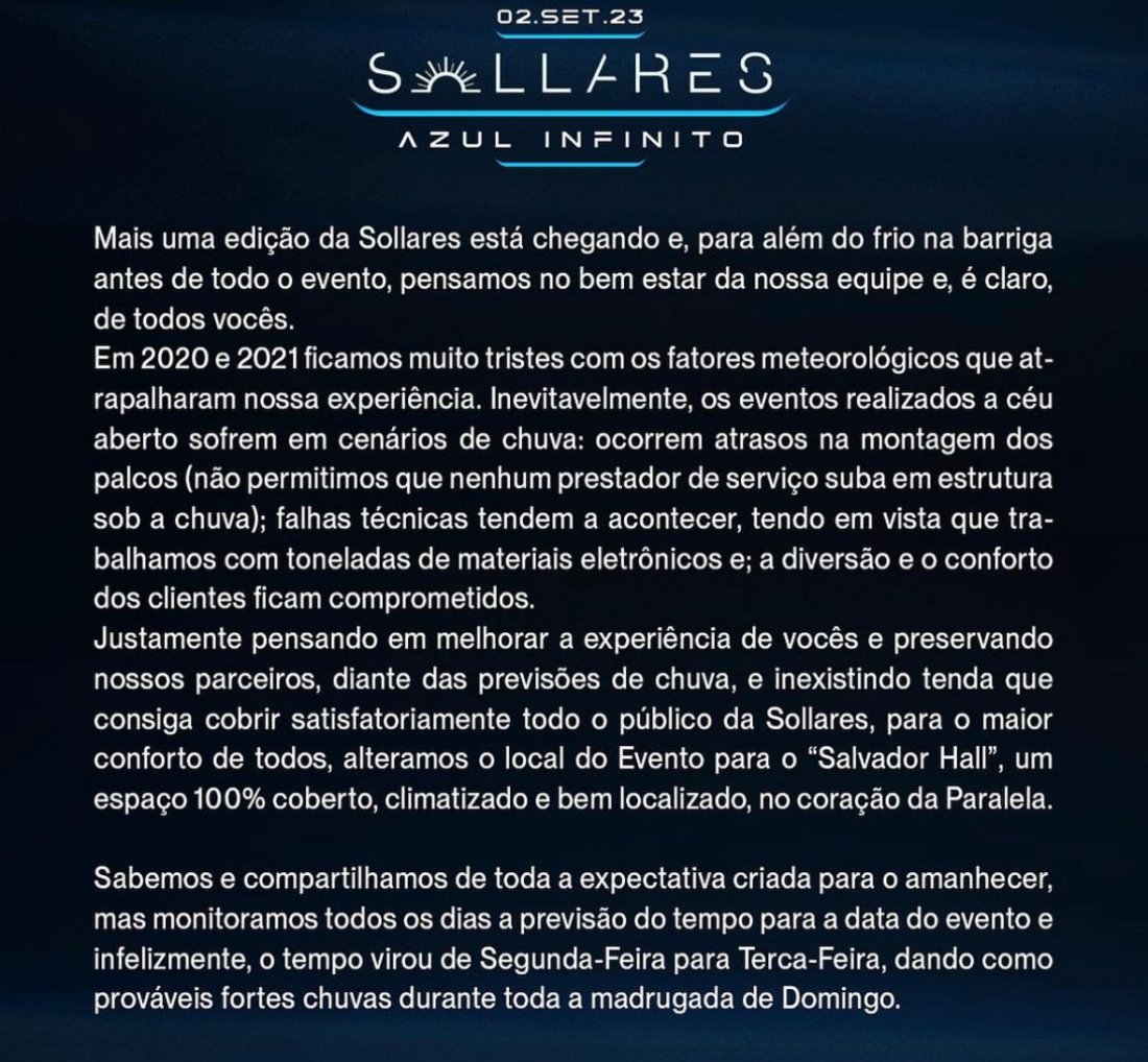 [Sollares – Azul Infinito acontece neste sábado, 02 em novo local Salvador Hall na Paralela]